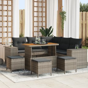 Conjunto de Sofá de Jardim de 9 Peças com Almofadas Cinza Rattan PE Acácia