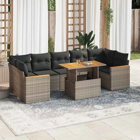 8 pcs conjunto sofás jardim almofadões vime PE/acácia cinzento