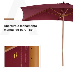 Outsunny Chapéu de Sol de Jardim com Sistema de Polia Teto Ventilado e Mastro de Madeira para Terraço Pátio Exterior 2,95x2x2,55m Vinho