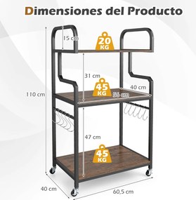 Suporte para impressora portátil 60 x 40 x 110 cm de 3 níveis com rodas, 10 ganchos em S, estrutura metálica Castanho rústico + Preto