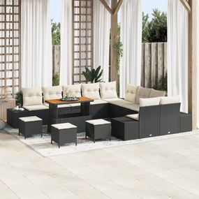Conjunto de Sofá de Jardim vidaXL de 14 Peças com Almofadas Preto Polirattan Acácia