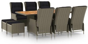 vidaXL 9 pcs conjunto jantar exterior com almofadões vime PE castanho