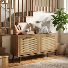 Sapateira de rattan 100 x 30 x 53 cm com 2 gavetas basculantes, superfície ampla, prateleiras ajustáveis e pés de metal para um toque natural