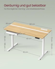 Mesa de altura ajustável com gaveta e tomada integrada | VASAGLE | 140 x 60 x 120 cm | carvalho dourado|branco nuvem | LSD114N01.