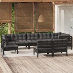 vidaXL 9 pcs conjunto lounge jardim c/ almofadões pinho maciço preto