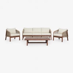 Conjunto De Jardim Com Sofá De 3 Lugares, 2 Poltronas E Mesa De Centro Em Madeira De Acácia Dubai Castanho-acácia Escuro & Tecido Gardénia Branco -