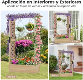 Floreira jardim elevada de madeira com treliça em arco Furo de drenagem 110 x 44 x 182 cm Natural