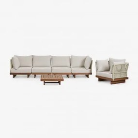 Conjunto De Sala De Estar Com Sofá Modular De 4 Peças Com 2 Poltronas De Canto, Mesa De Centro E Poltrona Em Madeira De Acácia D Castanho Acácia -