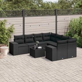 vidaXL 9 pcs conjunto de sofás p/ jardim c/ almofadões vime PE preto