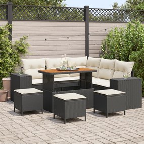 Conjunto de Sofá de Jardim com Almofadas vidaXL 9 Peças Preto Vime PE Acácia