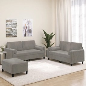 vidaXL 3 pcs conjunto sofás c/ almofadas/almofadões veludo cinza-claro