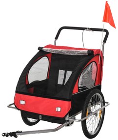 HOMCOM Reboque de Bicicleta 2 EM 1 para crianças de 2 lugares com Amortecedores Convertível em carrinho com barra e kit de corrida 129x85x105cm Vermelho