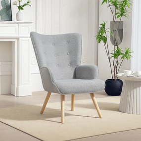 Poltrona de sala em tecido bouclé, poltrona estofada com pés de madeira, 71 x 74 x 96 cm, cinzento claro