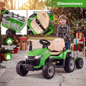 Trator elétrico de 24 V, trator infantil com reboque rebatível e removível, controlo remoto, música e faróis LED, a partir dos 3 anos, Verde