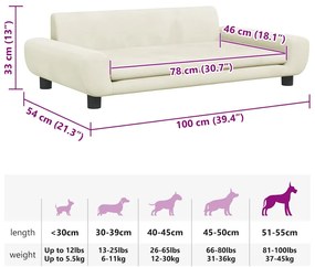 Cama para cães 100x54x33 cm veludo cor creme