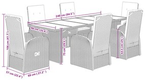 7 pcs conjunto de jantar p/ jardim c/ almofadões vime PE cinza