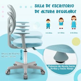 Cadeira de secretária ergonómica para crianças com rodas Cadeira giratória para computador com bloqueio de pressão Apoio lombar ajustável em altura Az