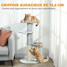 Arranhador para gatos em forma de barril com arranhador de sisal, rede, plataforma e bola de brincar, Ø 48 x 103,5 cm, cinzento claro