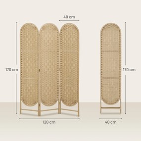 Biombo Separador de Ambientes 3 Painéis 120x170 cm Painel de Privacidade Dobrável Boémio com Topo Arqueado Entrançado à Mão Madeira