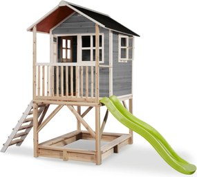 Casa de brincar infantil exterior para crianças Loft 500 em madeira com escorrega e caixa areia - Cinzenta