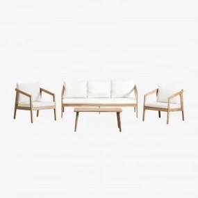 Conjunto De Jardim Com Sofá, 2 Poltronas E Mesa De Centro Em Madeira De Acácia Kaela Marrom Acácia Claro & 3 Lugares & Tecido Gardénia Branco - Sklum