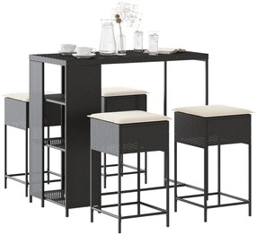 vidaXL 5 pcs conjunto de bar p/ jardim c/ almofadões vime PE preto