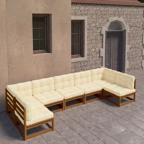 vidaXL 7pcs conj. lounge jardim e almofadões pinho maciço castanho mel