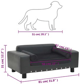 Sofá p/ cães 81x43x31cm pelúcia e couro artificial cinza-escuro