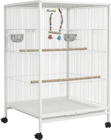 PawHut Gaiola para Pássaros com Rodas Poleiros Baloiço Bandeja Removível e Tigelas de Aço Inoxidável 48x46x78 cm Branco | Aosom Portugal