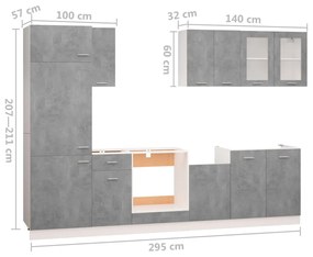 8 pcs conj. armários de cozinha contraplacado cinzento cimento