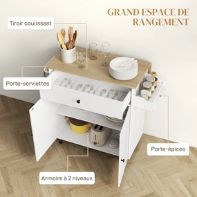 Carro de cozinha com rodas 106 x 42 x 87 cm, ilha central de cozinha – gaveta, prateleira ajustável, suporte para especiarias e toalheiro branco, cor