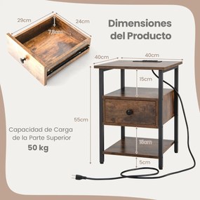 Mesa de cabeceira, mesa apoio de 3 níveis com estação de carregamento com Estante e Gaveta Estrutura Metálica para Quarto Sala de Estar Castanho