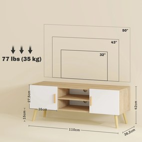 Móvel para televisão 110  x 36,2 x 42 cm para televisões até 50 polegadas, com prateleiras, 2 armários e passadores de cabos, em cor carvalho