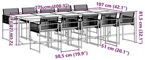 11 pcs conjunto de jantar p/ jardim c/ almofadões vime PE preto