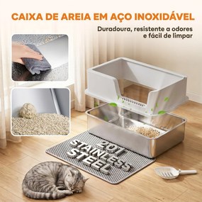 Caixa de Areia XL para Gatos em Aço Inoxidável com Rebordo Alto Pá Escova e Gancho Cinza Claro