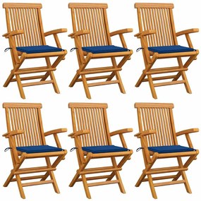 vidaXL Cadeiras de jardim c/ almofadões azul real 6 pcs teca maciça