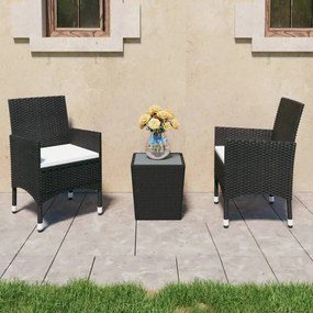 3 pcs conjunto bistrô p/ jardim vime PE e vidro temperado preto