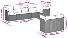 8 pcs conj. sofás jardim c/ almofadões vime PE cinzento-claro