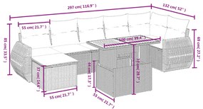 8 pcs conjunto sofás de jardim c/ almofadões vime PE cinzento