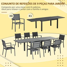 Outsunny Conjunto Móveis de Jardim 9 Peças Conjunto de Refeição para Varanda com Mesa Extensível 8 Cadeiras Empilháveis Estrutura de Alumínio e Assento de Textilene 135-270x89x74cm Cinza
