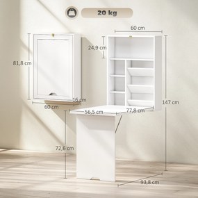 Secretária dobrável de parede, mesa dobrável de parede com prateleiras para sala de estar, sala de jantar, escritório, 93,8 x 60 x 147 cm, branco
