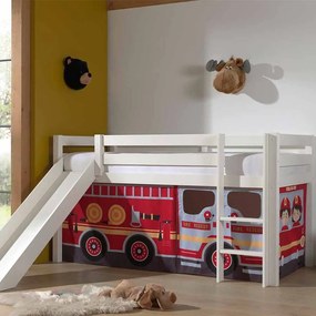 Cama alta de Criança PINO 90 x 200 cm + estrado + escada + escorrega + cortina Bombeiros Branca