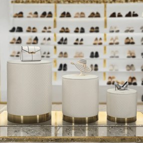 CONJUNTO DE 3 BANCOS/BÁUS COM ARMAZENAMENTO Ø 60X80-50X60-40X40 CM CREME E DOURADO