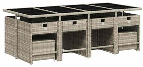 13 pcs conj. jantar jardim c/ almofadões vime PE cinzento-claro