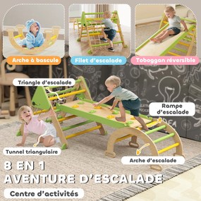 Triângulo de escalada para crianças 8 em 1 com rampa de dupla face, arco de escalada em madeira com escorrega e escada, verde