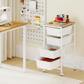 Carrinho Organizador com 4 Gavetas, 32,5 x 37 x 71 cm, Rodas com Travão, Branco