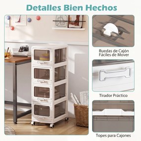 Carrinho de Arrumação com 4 Gavetas, 42 x 28 x 91,5 cm, Rodas com Travão, Branco