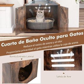 Armário caixa areia de gatos com 3 Estantes Portas de entrada lateral 60 x 45,5 x 142 cm Castanho