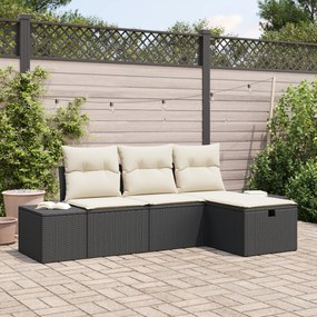 Conjunto de Sofá de Jardim em 4 Peças com Almofadas de Vime Preto