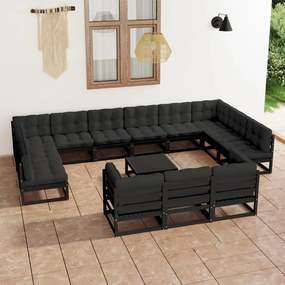 vidaXL 14 pcs conjunto longue jardim c/ almofadões pinho maciço preto